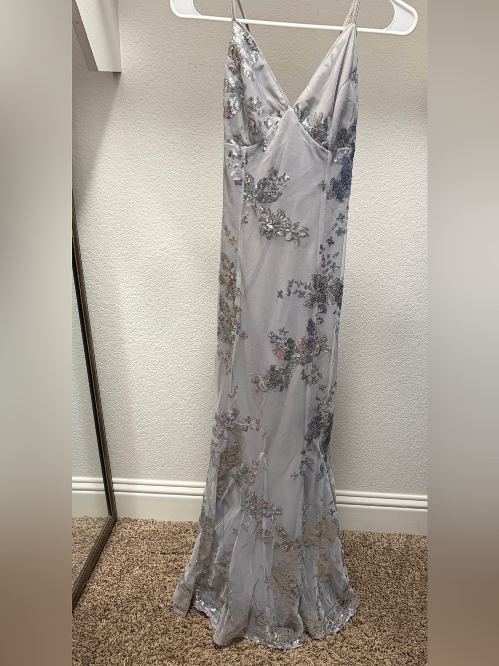 Silver Sequin Embellished Formal Gown